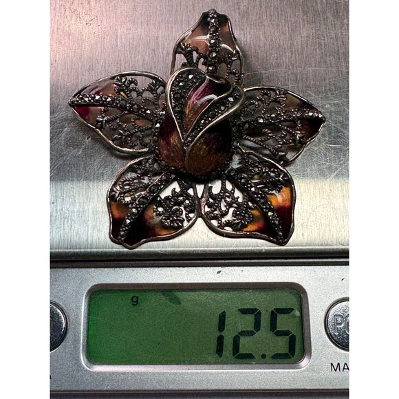 Estate Sterling Silver 925 Orchid Flower Pendant Marcasite Inlay Purple Enamel - Picture 8 of 8